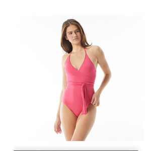new nwt vince camuto halter wrap tie one piece swimsuit in sunset shades size 6